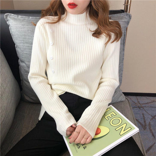 纽扣半高领打底衫女下摆开叉秋冬针织衫上衣外穿内搭毛衣 商品图3