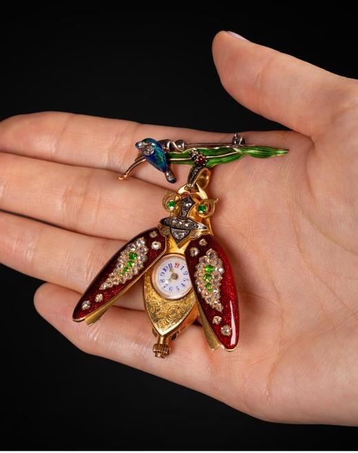 独角鹿西洋古董瑞士珐琅18K金镶钻石隐藏表盘甲虫雀鸟胸针怀表 商品图4