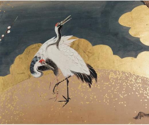 独角鹿西洋古董日本江户时期金地纸本着色仙鹤松湖六曲屏风日式 商品图4