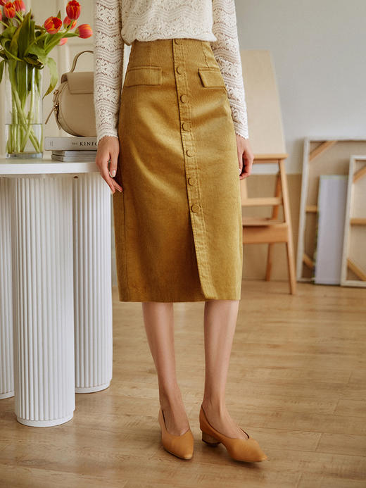 欧芮儿中长半身裙女秋季新款2021高腰显瘦法式复古直筒开叉a字裙 商品图0