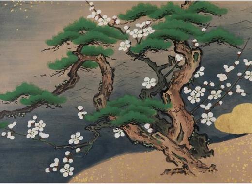 独角鹿西洋古董日本江户时期金地纸本着色仙鹤松湖六曲屏风日式 商品图3