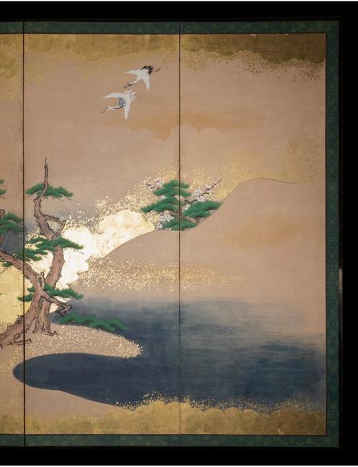 独角鹿西洋古董日本江户时期金地纸本着色仙鹤松湖六曲屏风日式 商品图2