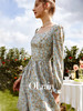欧芮儿碎花连衣裙女2021新款收腰显瘦一字肩方领设计感中长裙 商品缩略图2