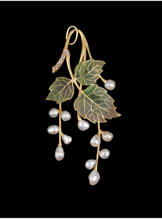 独角鹿西洋古董法国乔治·富凯18K金镶天然珍珠空窗珐琅果枝吊坠 商品图3