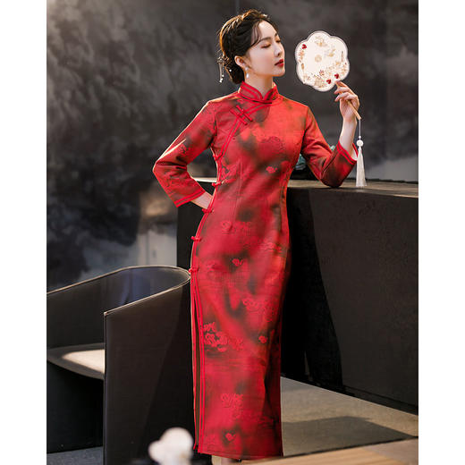 上海旗袍厂ZAYS-576冬款妈妈装麂皮绒加绒加厚九分袖复古侧八扣改良长款旗袍 商品图4