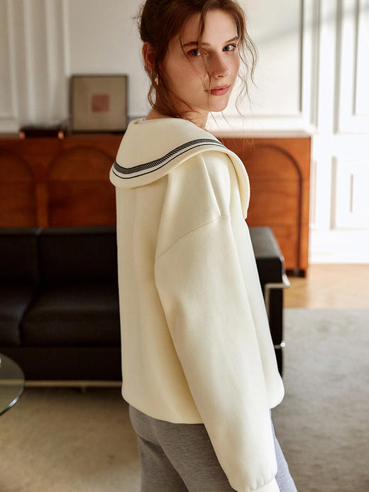 欧芮儿纯色卫衣女2021新款白色圆领设计感小众ins潮宽松上衣 商品图2