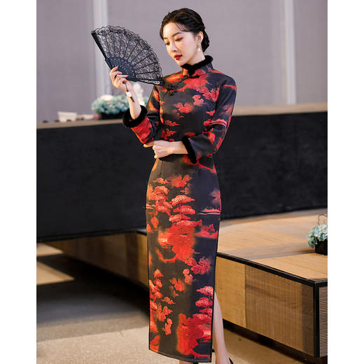 上海旗袍厂ZAYS-582冬季加绒加厚毛领日常改良妈妈装长款九分袖旗袍 商品图1