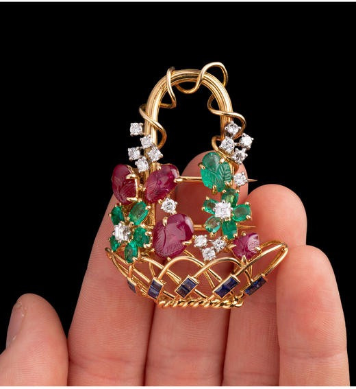 独角鹿西洋古董法国黄金镶红宝石钻石祖母绿蓝宝石水果锦囊胸针 商品图2