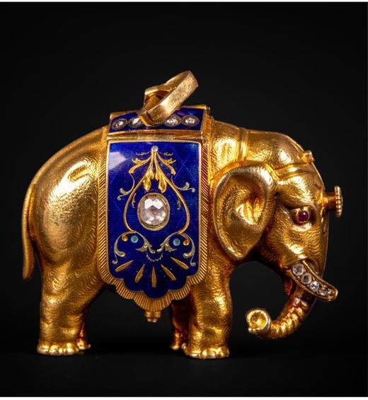 独角鹿西洋古董钟表瑞士珐琅饰黄金镶嵌钻石大象造型吊坠式怀表 商品图4