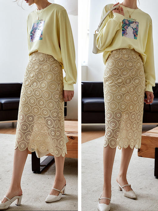 欧芮儿蕾丝半身裙女新款2021高腰显瘦圆形镂空肌理感气质裙子 商品图1