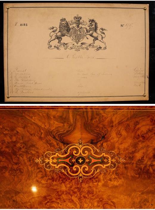 独角鹿西洋古董瑞士F.Conchon细木镶嵌外箱珐琅铃铛滚轴式音乐盒 商品图4