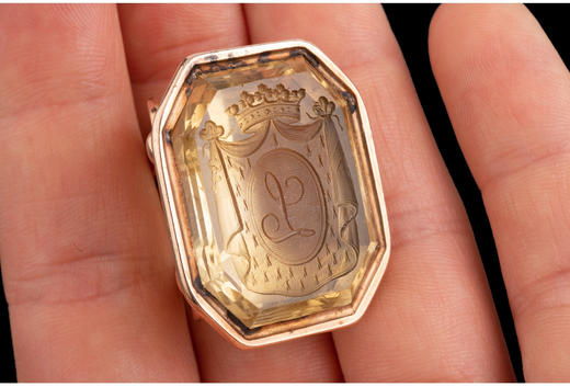 独角鹿西洋古董法国黄金镶嵌黄水晶亲王花押字雕刻盾徽印章吊坠 商品图2