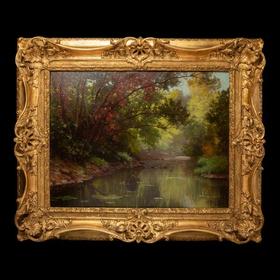 独角鹿西洋古董法国画家E. René-His签名布面油画《秋林碧水》