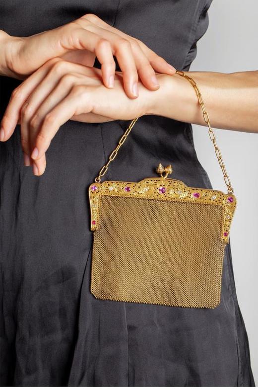 独角鹿西洋古董法国18K黄金镶嵌钻石粉色蓝宝石网状编织晚宴包 商品图1