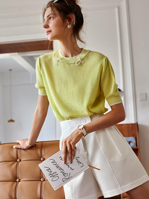 欧芮儿黄色针织衫女新款2021宽松珍珠圆领短袖小香风套头上衣 商品图1