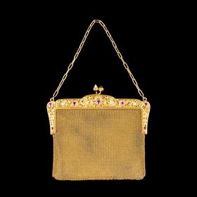 独角鹿西洋古董法国18K黄金镶嵌钻石粉色蓝宝石网状编织晚宴包