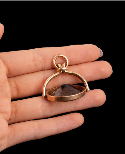 独角鹿西洋古董珠宝俄罗斯14K金镶双头鹰盾徽雕刻烟晶石印章吊坠 商品图2