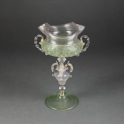独角鹿西洋古董意大利出品威尼斯Murano玻璃绿色双耳高脚杯 商品图0