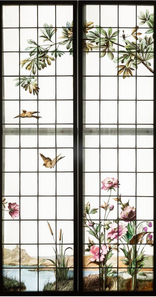 独角鹿西洋古董19世纪法国花树雀鸟水边风景彩绘玻璃花窗一联四幅 商品图2
