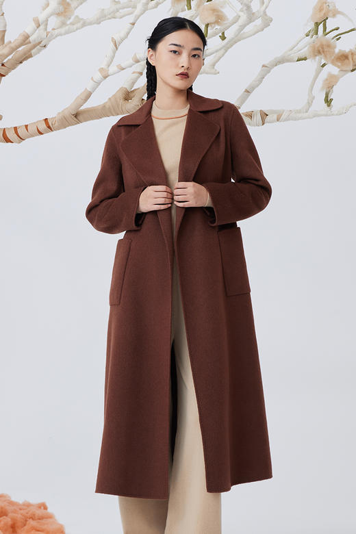  水波纹羊绒呢女长大衣 SJF93W846N 商品图0