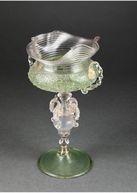 独角鹿西洋古董意大利出品威尼斯Murano玻璃绿色双耳高脚杯 商品图4