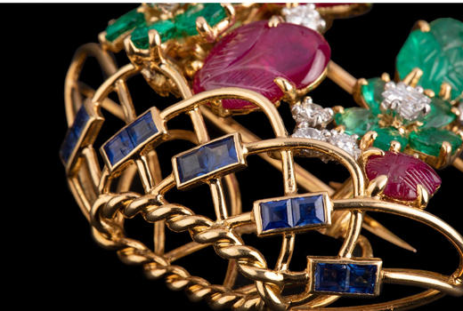 独角鹿西洋古董法国黄金镶红宝石钻石祖母绿蓝宝石水果锦囊胸针 商品图3