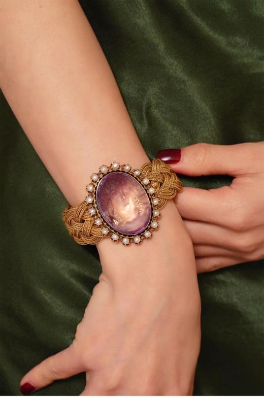 独角鹿西洋古董意大利黄金编织镶紫水晶浮雕圆章天然珍珠手镯手链 商品图1