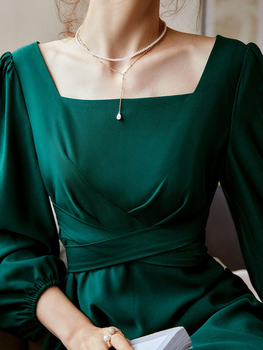 欧芮儿连衣裙女新款2021收腰显瘦法式泡泡袖宫廷风大方领裙子 商品图2