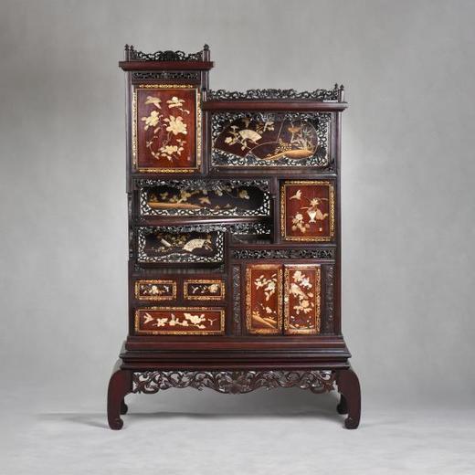 独角鹿西洋古董家具日本明治时期传统花鸟芝山镶嵌多宝阁立柜 商品图0