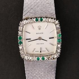 独角鹿西洋古董瑞士18K金镶钻石祖母绿方表盘机械腕表女士手表