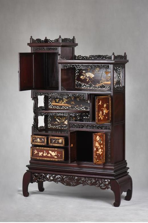 独角鹿西洋古董家具日本明治时期传统花鸟芝山镶嵌多宝阁立柜 商品图1