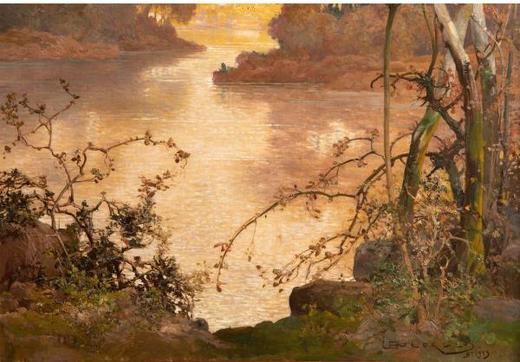 独角鹿西洋古董法国画家J. Georges风景布面油画金林秋波独钓人 商品图4