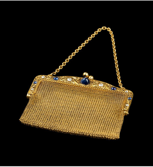 独角鹿西洋古董欧洲新艺术风18K黄金镶钻石蓝宝石网状编织零钱包 商品图3