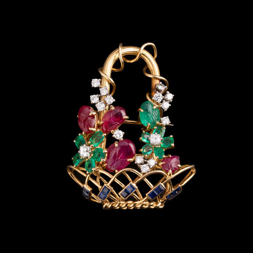 独角鹿西洋古董法国黄金镶红宝石钻石祖母绿蓝宝石水果锦囊胸针 商品图0