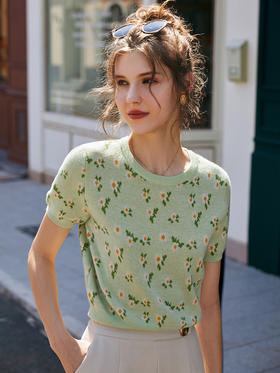 欧芮儿绿色针织衫女2021新短袖显瘦气质圆领提花冰丝薄款上衣