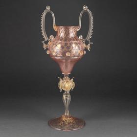 独角鹿西洋古董意大利威尼斯Murano玻璃点金工艺粉色双耳高脚杯