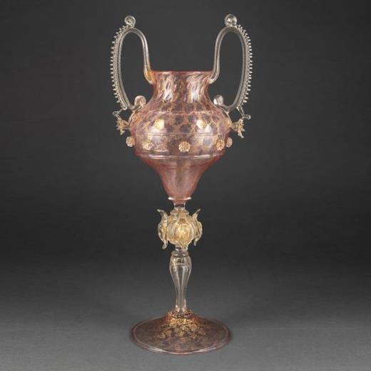 独角鹿西洋古董意大利威尼斯Murano玻璃点金工艺粉色双耳高脚杯 商品图0