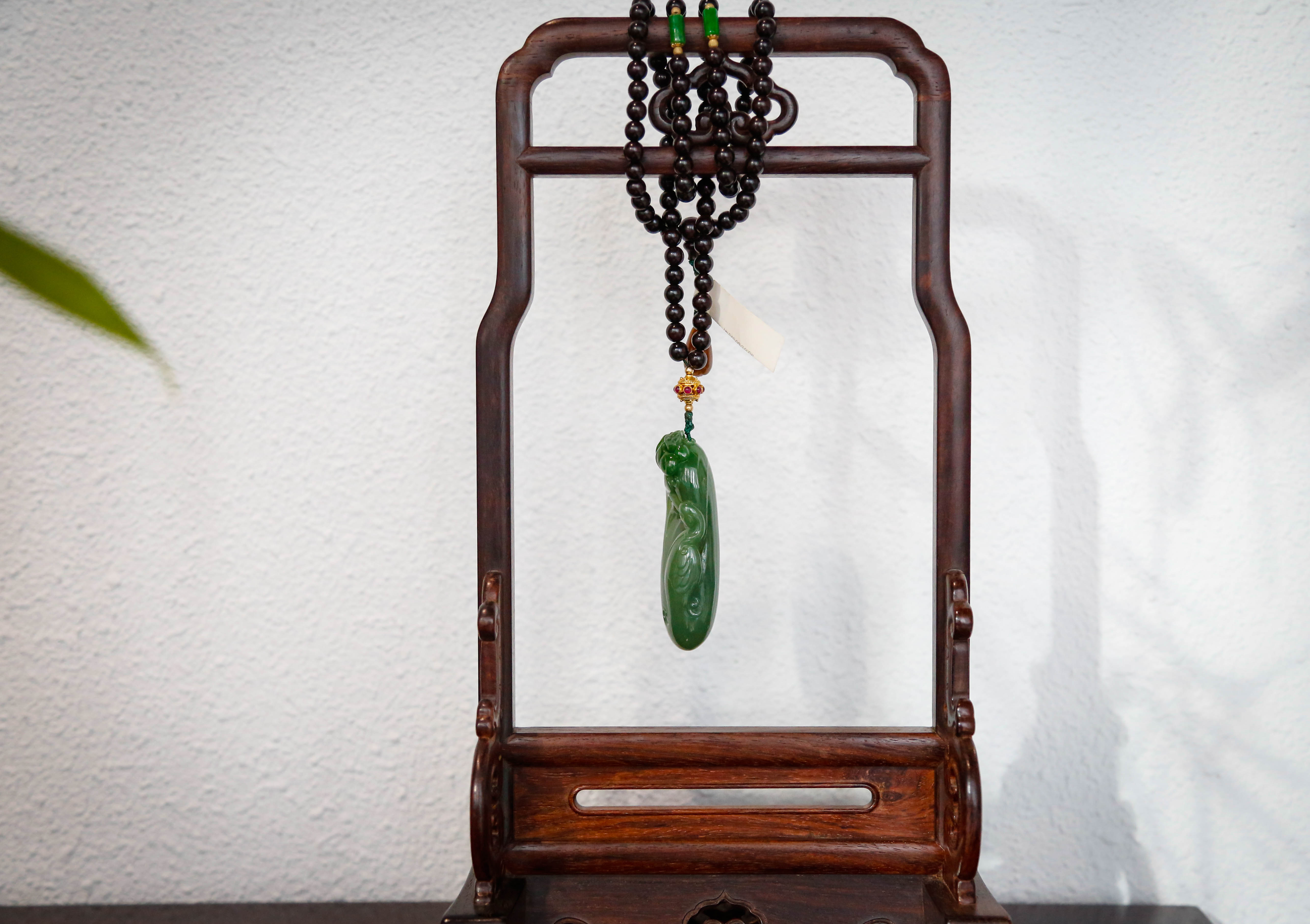 「小叶紫檀」"仙鹤延年"碧玉圆珠项链 24k  6mm