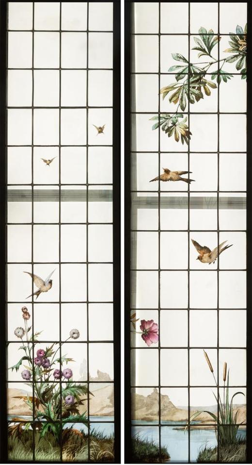 独角鹿西洋古董19世纪法国花树雀鸟水边风景彩绘玻璃花窗一联四幅 商品图1