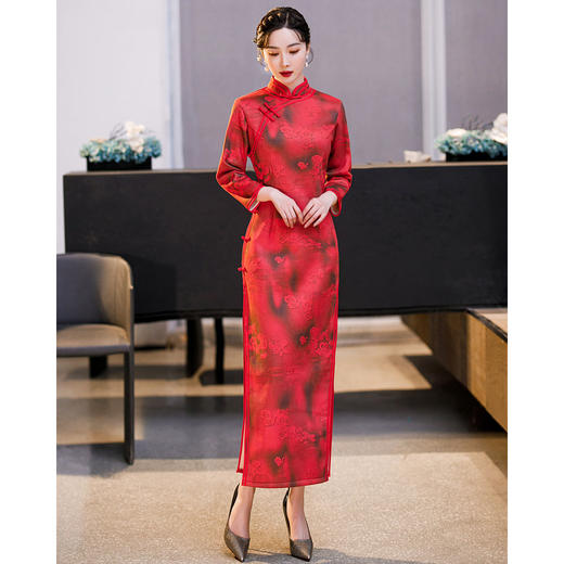 上海旗袍厂ZAYS-576冬款妈妈装麂皮绒加绒加厚九分袖复古侧八扣改良长款旗袍 商品图0