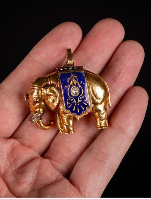 独角鹿西洋古董钟表瑞士珐琅饰黄金镶嵌钻石大象造型吊坠式怀表 商品图2