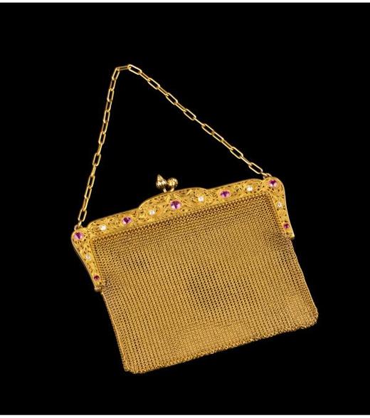 独角鹿西洋古董法国18K黄金镶嵌钻石粉色蓝宝石网状编织晚宴包 商品图2