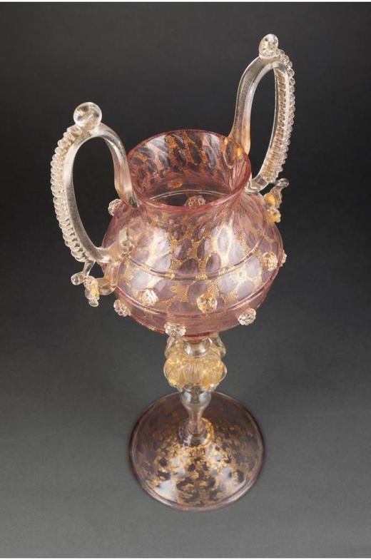 独角鹿西洋古董意大利威尼斯Murano玻璃点金工艺粉色双耳高脚杯 商品图3