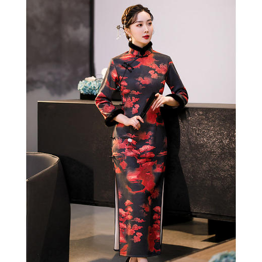 上海旗袍厂ZAYS-582冬季加绒加厚毛领日常改良妈妈装长款九分袖旗袍 商品图2