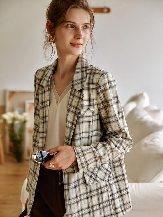 欧芮儿格子西装外套女新款2021复古宽松显瘦英伦风时尚大衣 商品图2
