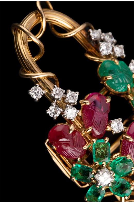 独角鹿西洋古董法国黄金镶红宝石钻石祖母绿蓝宝石水果锦囊胸针 商品图4