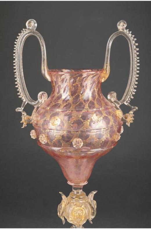 独角鹿西洋古董意大利威尼斯Murano玻璃点金工艺粉色双耳高脚杯 商品图4