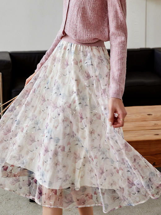 欧芮儿碎花半身裙女2021新款高腰显瘦中长款小个子雪纺大摆裙 商品图1