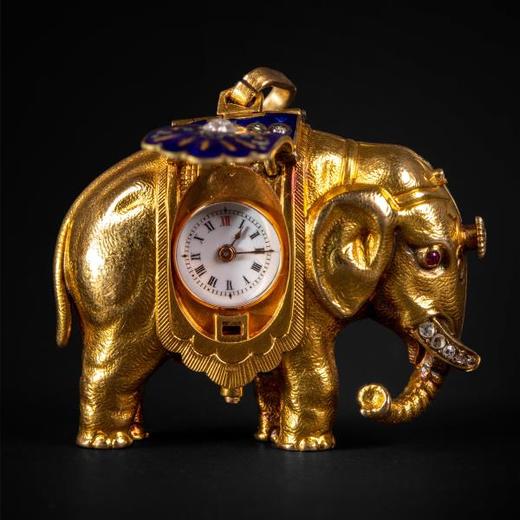 独角鹿西洋古董钟表瑞士珐琅饰黄金镶嵌钻石大象造型吊坠式怀表 商品图0