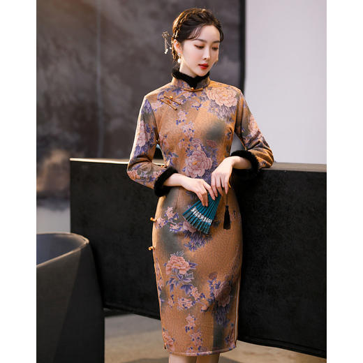 上海旗袍厂ZAYS-82228秋冬毛领旗袍2021年新款改良复古加厚加绒改良气质修身旗袍裙 商品图3